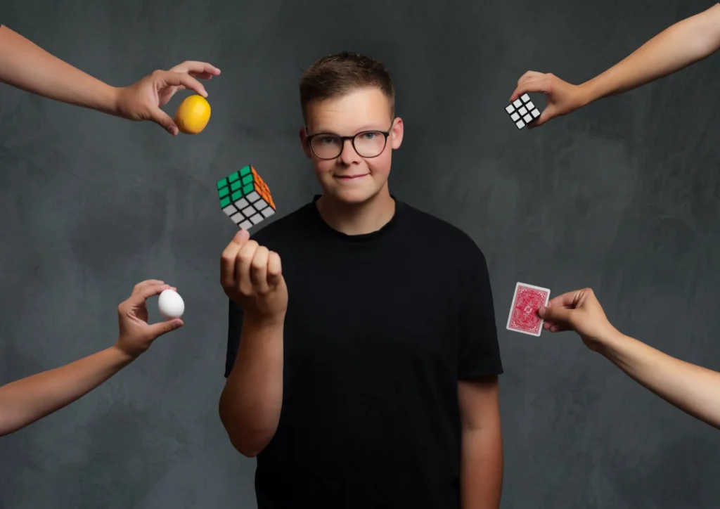 Florian Herz mit Zauberwürfel, umgeben von Händen mit Zitrone, Ei, Spielkarte und Würfel